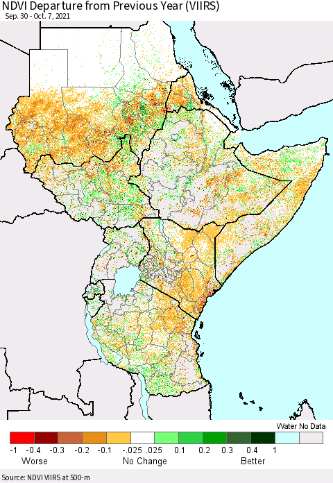 Eastern Africa NDVI Departure from Previous Year (VIIRS) Thematic Map For 9/30/2021 - 10/7/2021