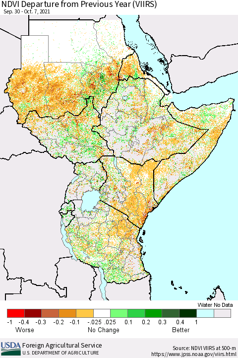 Eastern Africa NDVI Departure from Previous Year (VIIRS) Thematic Map For 10/1/2021 - 10/10/2021
