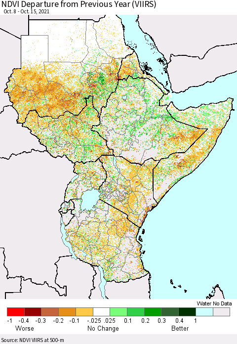 Eastern Africa NDVI Departure from Previous Year (VIIRS) Thematic Map For 10/8/2021 - 10/15/2021