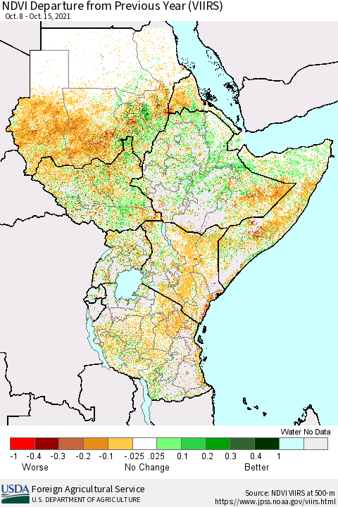 Eastern Africa NDVI Departure from Previous Year (VIIRS) Thematic Map For 10/11/2021 - 10/20/2021