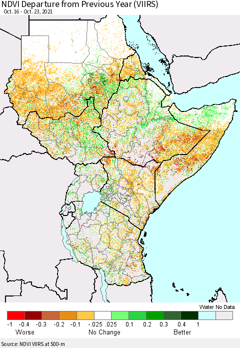 Eastern Africa NDVI Departure from Previous Year (VIIRS) Thematic Map For 10/16/2021 - 10/23/2021