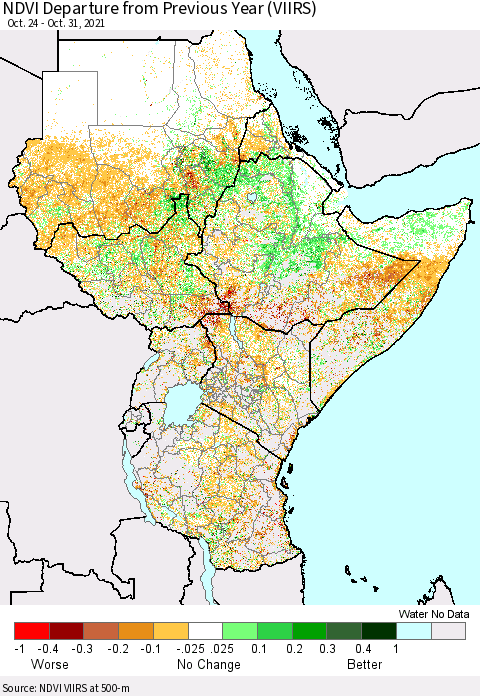 Eastern Africa NDVI Departure from Previous Year (VIIRS) Thematic Map For 10/24/2021 - 10/31/2021