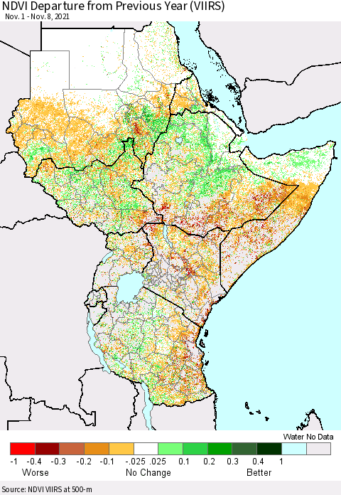 Eastern Africa NDVI Departure from Previous Year (VIIRS) Thematic Map For 11/1/2021 - 11/8/2021