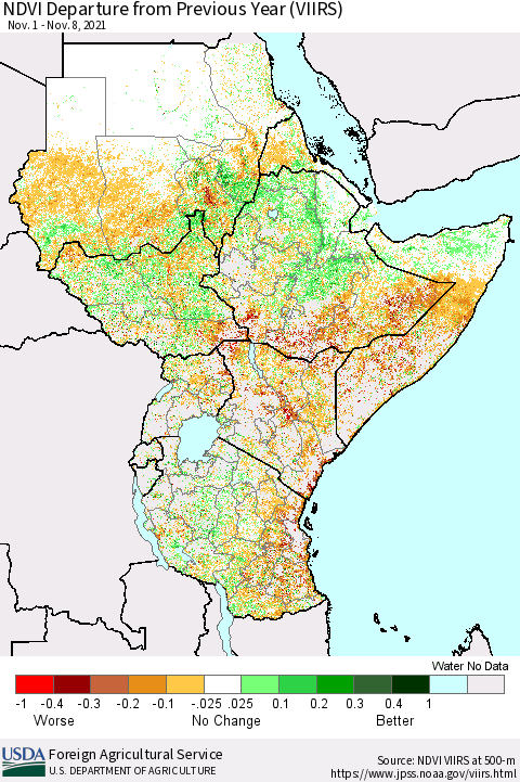 Eastern Africa NDVI Departure from Previous Year (VIIRS) Thematic Map For 11/1/2021 - 11/10/2021