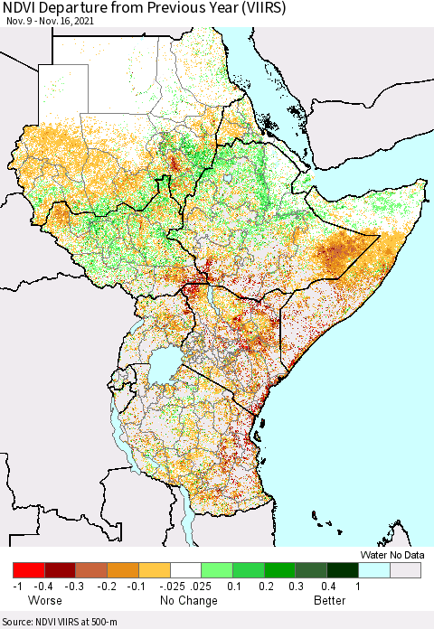 Eastern Africa NDVI Departure from Previous Year (VIIRS) Thematic Map For 11/9/2021 - 11/16/2021