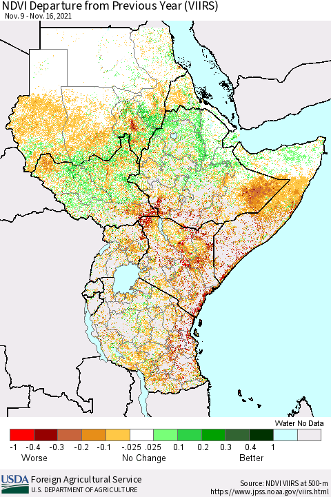 Eastern Africa NDVI Departure from Previous Year (VIIRS) Thematic Map For 11/11/2021 - 11/20/2021