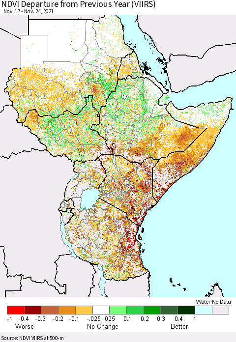 Eastern Africa NDVI Departure from Previous Year (VIIRS) Thematic Map For 11/17/2021 - 11/24/2021