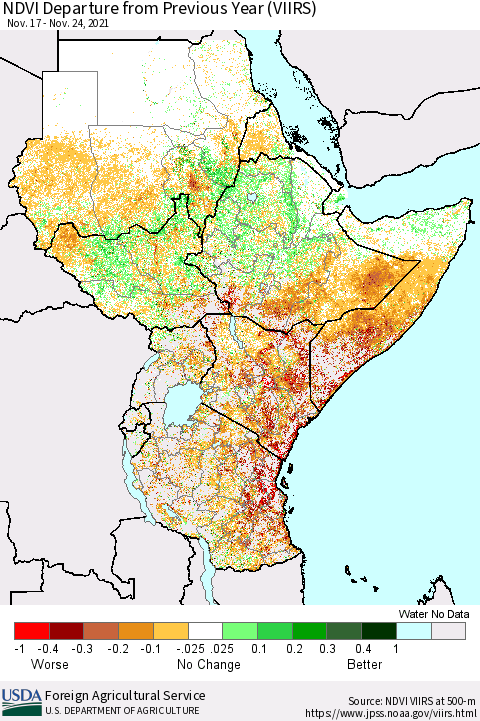 Eastern Africa NDVI Departure from Previous Year (VIIRS) Thematic Map For 11/21/2021 - 11/30/2021