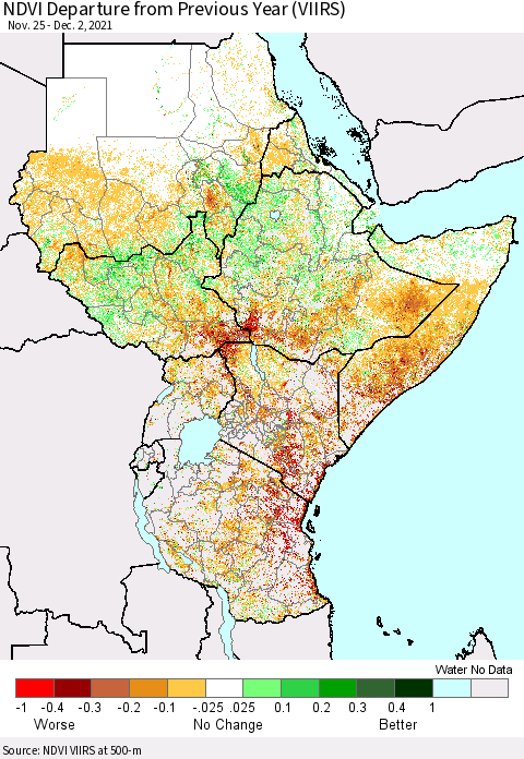 Eastern Africa NDVI Departure from Previous Year (VIIRS) Thematic Map For 11/25/2021 - 12/2/2021