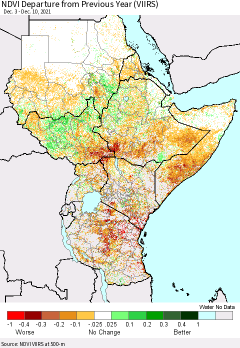 Eastern Africa NDVI Departure from Previous Year (VIIRS) Thematic Map For 12/1/2021 - 12/10/2021