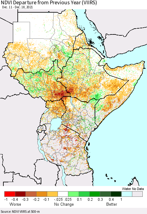 Eastern Africa NDVI Departure from Previous Year (VIIRS) Thematic Map For 12/11/2021 - 12/18/2021