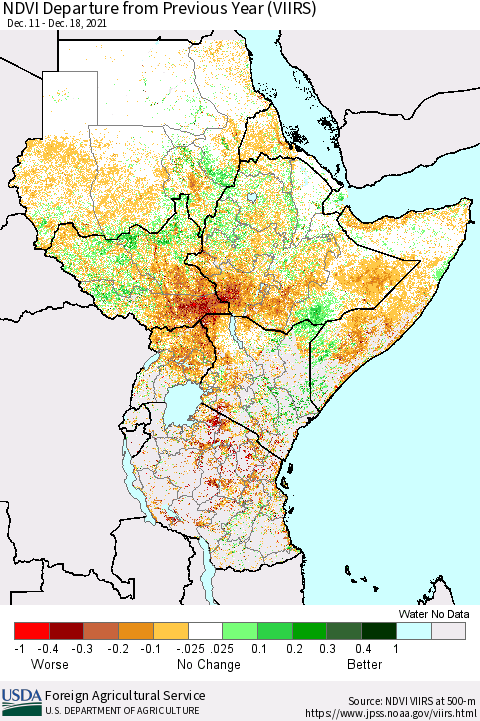 Eastern Africa NDVI Departure from Previous Year (VIIRS) Thematic Map For 12/11/2021 - 12/20/2021
