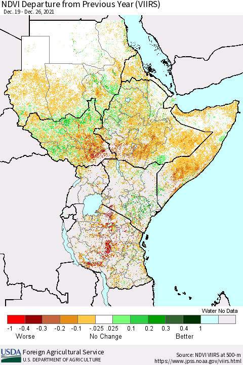 Eastern Africa NDVI Departure from Previous Year (VIIRS) Thematic Map For 12/21/2021 - 12/31/2021