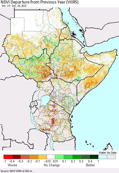 Eastern Africa NDVI Departure from Previous Year (VIIRS) Thematic Map For 12/26/2021 - 1/2/2022