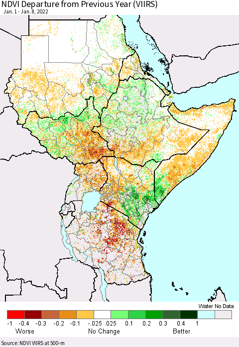 Eastern Africa NDVI Departure from Previous Year (VIIRS) Thematic Map For 1/1/2022 - 1/8/2022