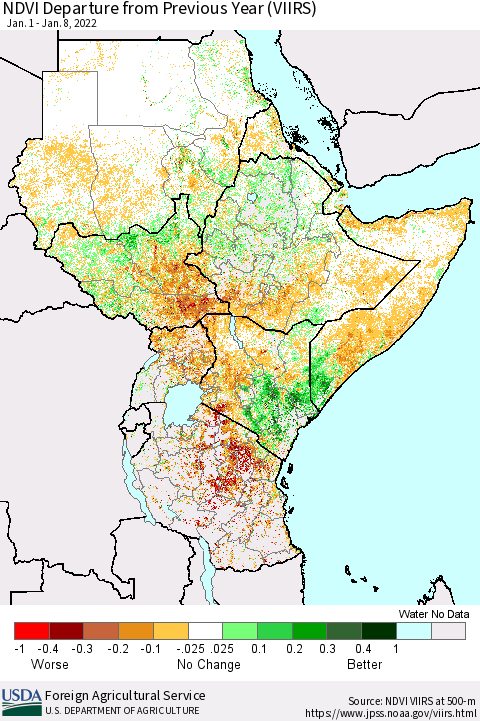 Eastern Africa NDVI Departure from Previous Year (VIIRS) Thematic Map For 1/1/2022 - 1/10/2022
