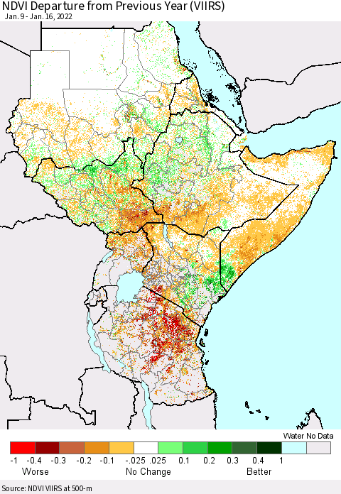 Eastern Africa NDVI Departure from Previous Year (VIIRS) Thematic Map For 1/9/2022 - 1/16/2022