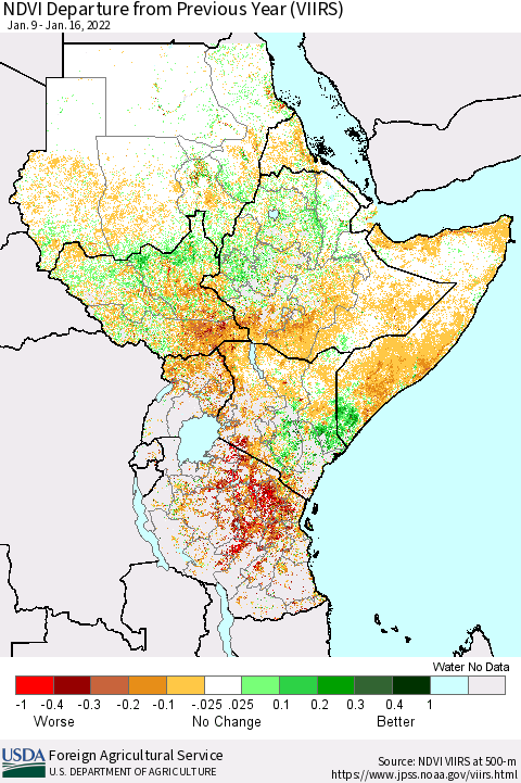 Eastern Africa NDVI Departure from Previous Year (VIIRS) Thematic Map For 1/11/2022 - 1/20/2022