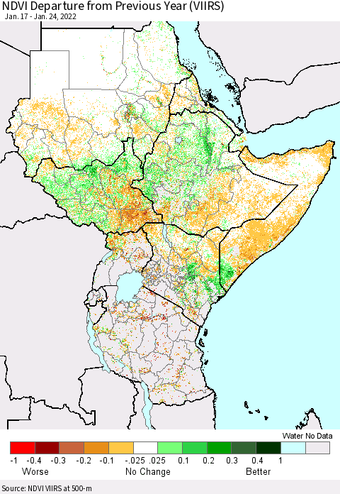 Eastern Africa NDVI Departure from Previous Year (VIIRS) Thematic Map For 1/17/2022 - 1/24/2022