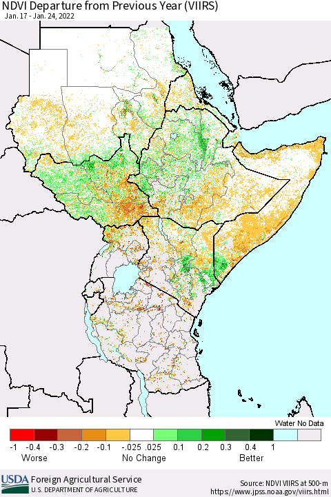 Eastern Africa NDVI Departure from Previous Year (VIIRS) Thematic Map For 1/21/2022 - 1/31/2022