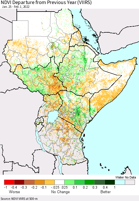 Eastern Africa NDVI Departure from Previous Year (VIIRS) Thematic Map For 1/25/2022 - 2/1/2022