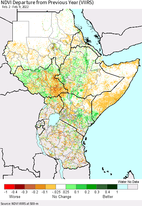 Eastern Africa NDVI Departure from Previous Year (VIIRS) Thematic Map For 2/2/2022 - 2/9/2022