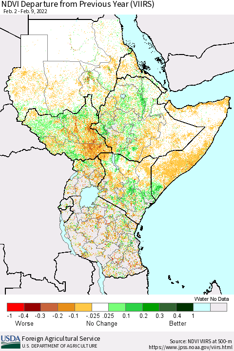 Eastern Africa NDVI Departure from Previous Year (VIIRS) Thematic Map For 2/1/2022 - 2/10/2022