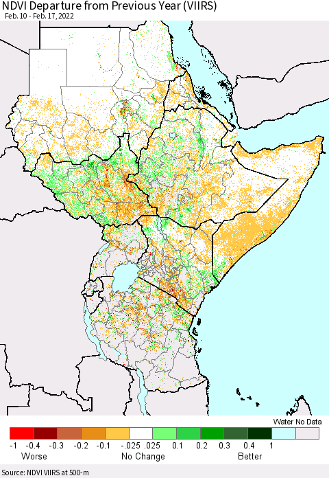 Eastern Africa NDVI Departure from Previous Year (VIIRS) Thematic Map For 2/10/2022 - 2/17/2022