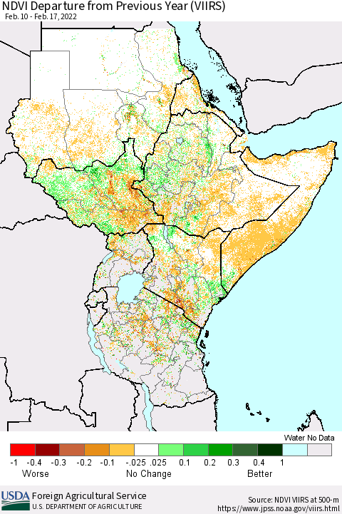 Eastern Africa NDVI Departure from Previous Year (VIIRS) Thematic Map For 2/11/2022 - 2/20/2022