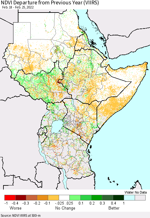 Eastern Africa NDVI Departure from Previous Year (VIIRS) Thematic Map For 2/18/2022 - 2/25/2022