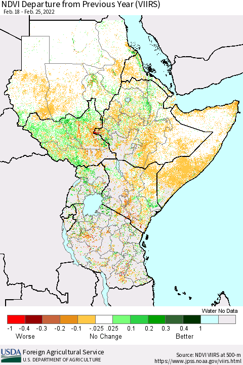 Eastern Africa NDVI Departure from Previous Year (VIIRS) Thematic Map For 2/21/2022 - 2/28/2022