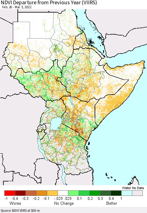 Eastern Africa NDVI Departure from Previous Year (VIIRS) Thematic Map For 2/26/2022 - 3/5/2022