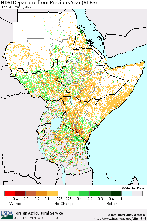 Eastern Africa NDVI Departure from Previous Year (VIIRS) Thematic Map For 3/1/2022 - 3/10/2022