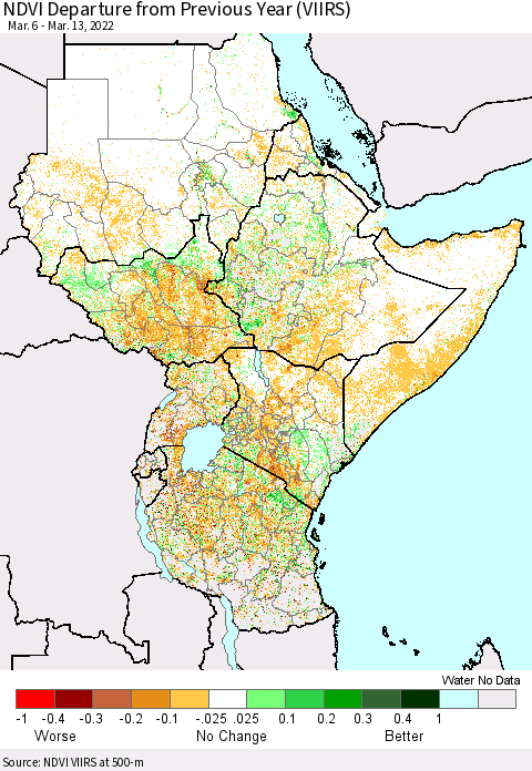 Eastern Africa NDVI Departure from Previous Year (VIIRS) Thematic Map For 3/6/2022 - 3/13/2022
