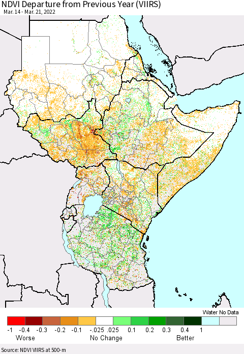 Eastern Africa NDVI Departure from Previous Year (VIIRS) Thematic Map For 3/14/2022 - 3/21/2022