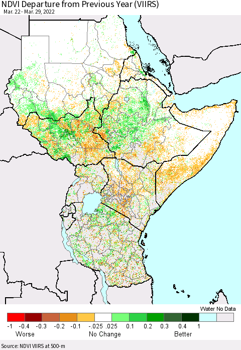 Eastern Africa NDVI Departure from Previous Year (VIIRS) Thematic Map For 3/22/2022 - 3/29/2022