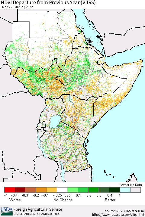 Eastern Africa NDVI Departure from Previous Year (VIIRS) Thematic Map For 3/21/2022 - 3/31/2022