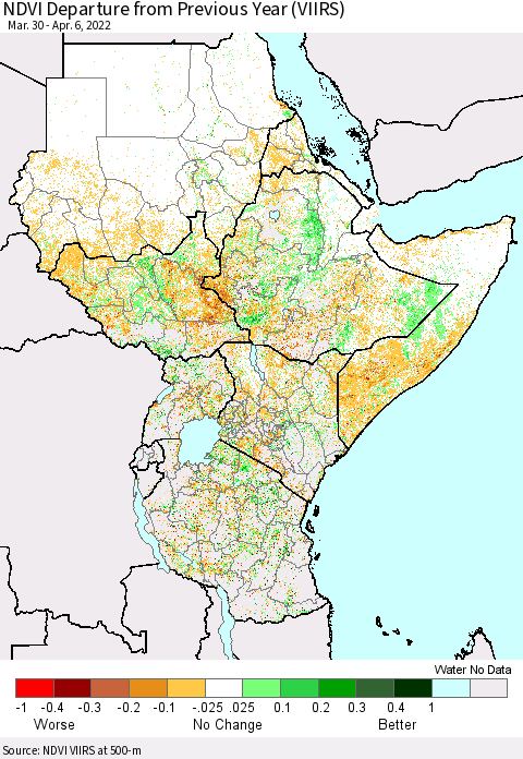 Eastern Africa NDVI Departure from Previous Year (VIIRS) Thematic Map For 3/30/2022 - 4/6/2022