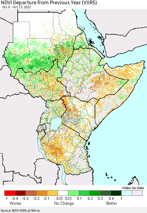 Eastern Africa NDVI Departure from Previous Year (VIIRS) Thematic Map For 10/8/2022 - 10/15/2022