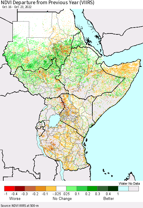 Eastern Africa NDVI Departure from Previous Year (VIIRS) Thematic Map For 10/16/2022 - 10/23/2022