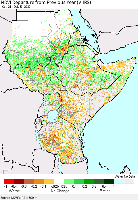 Eastern Africa NDVI Departure from Previous Year (VIIRS) Thematic Map For 10/24/2022 - 10/31/2022