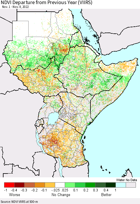Eastern Africa NDVI Departure from Previous Year (VIIRS) Thematic Map For 11/1/2022 - 11/8/2022