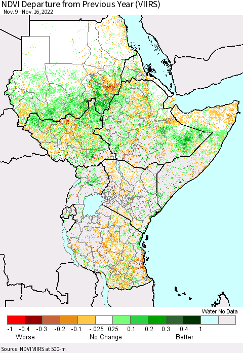 Eastern Africa NDVI Departure from Previous Year (VIIRS) Thematic Map For 11/9/2022 - 11/16/2022