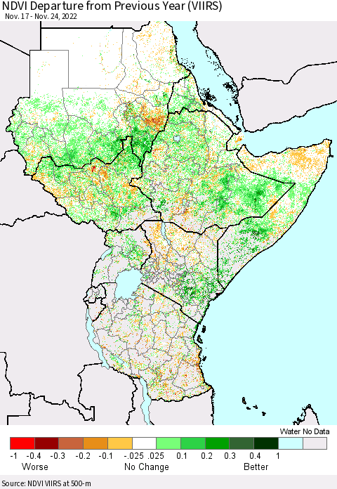 Eastern Africa NDVI Departure from Previous Year (VIIRS) Thematic Map For 11/17/2022 - 11/24/2022