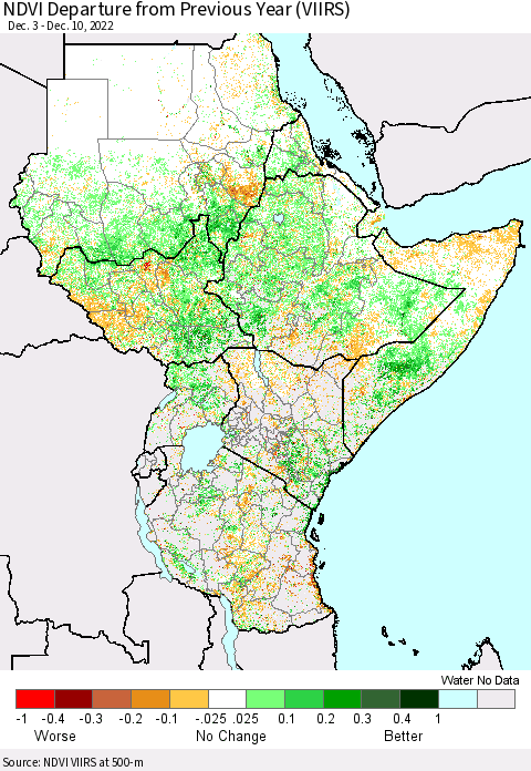 Eastern Africa NDVI Departure from Previous Year (VIIRS) Thematic Map For 12/3/2022 - 12/10/2022