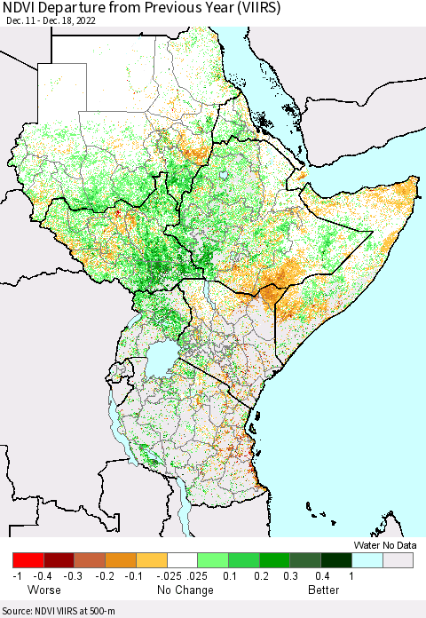 Eastern Africa NDVI Departure from Previous Year (VIIRS) Thematic Map For 12/11/2022 - 12/18/2022