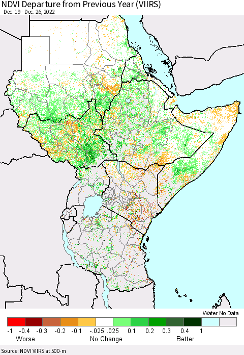 Eastern Africa NDVI Departure from Previous Year (VIIRS) Thematic Map For 12/19/2022 - 12/26/2022