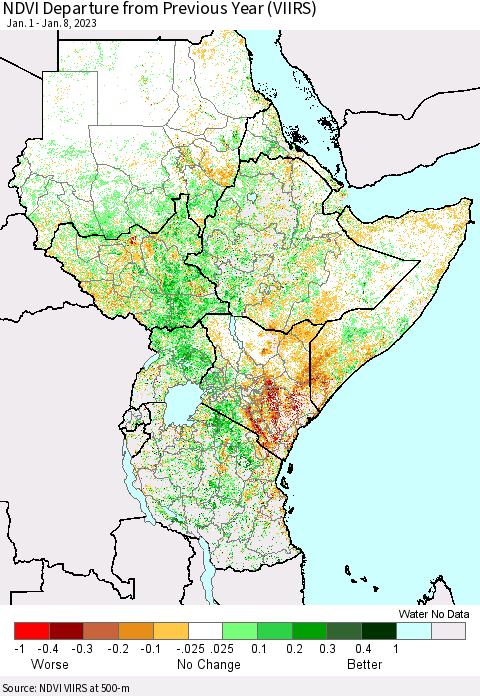 Eastern Africa NDVI Departure from Previous Year (VIIRS) Thematic Map For 1/1/2023 - 1/8/2023