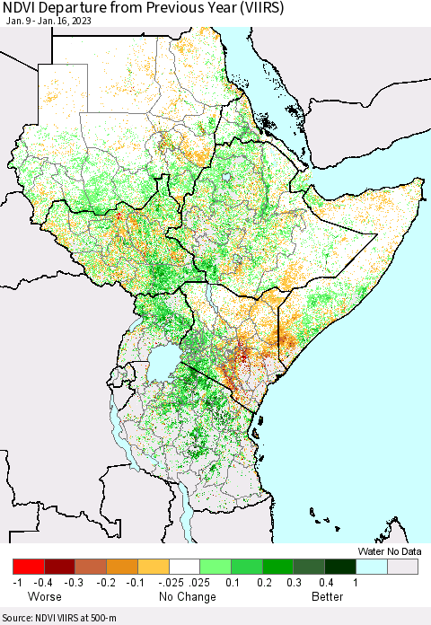 Eastern Africa NDVI Departure from Previous Year (VIIRS) Thematic Map For 1/9/2023 - 1/16/2023