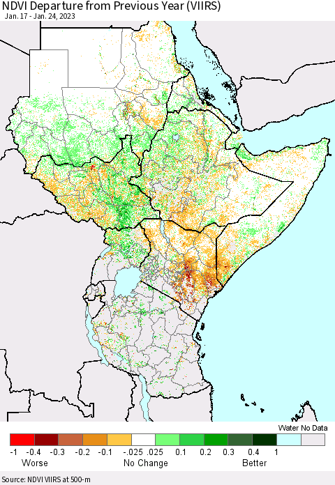 Eastern Africa NDVI Departure from Previous Year (VIIRS) Thematic Map For 1/17/2023 - 1/24/2023